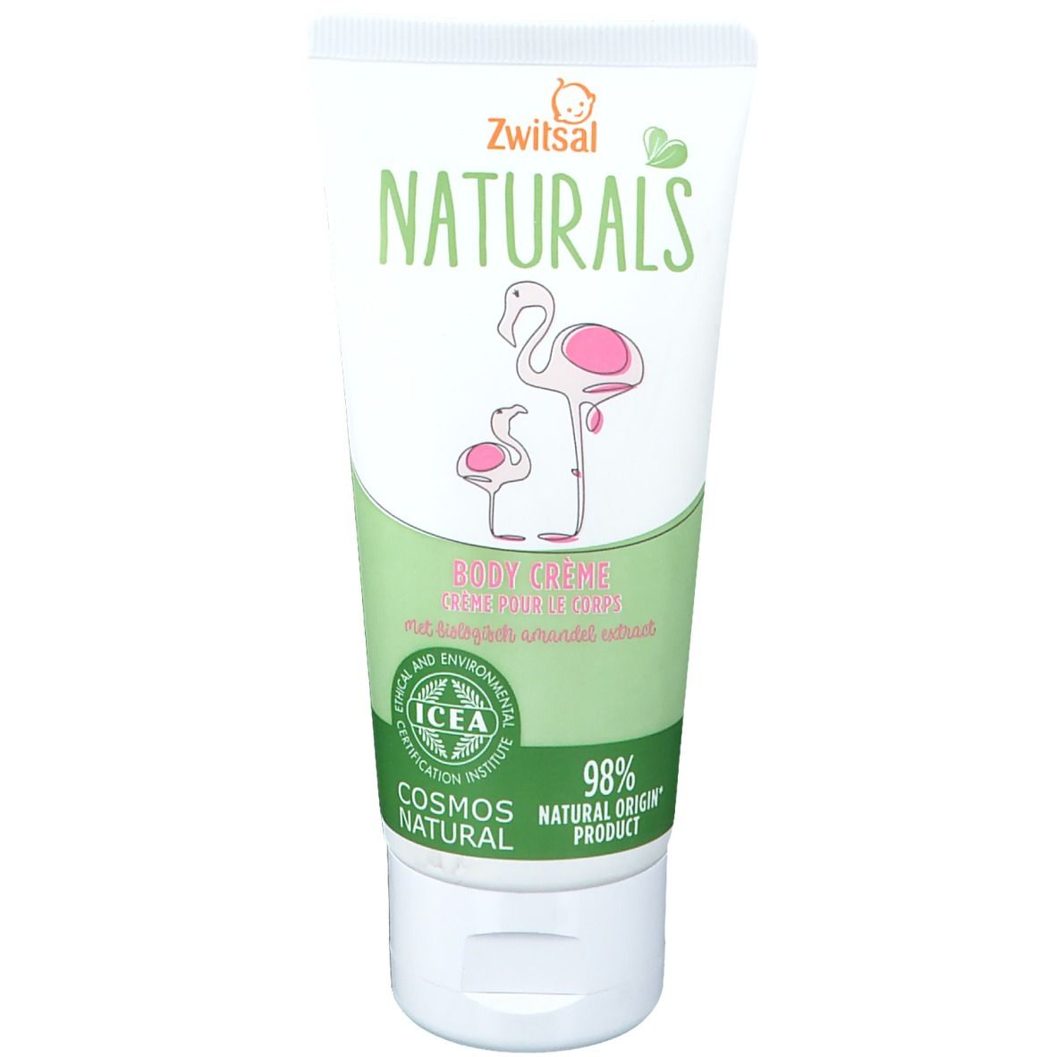 Tube blanc avec éléments verts et roses. Inscription: Zwitsal Naturals, Body Creme. Illustration de flamant rose. Certification ICEA.
