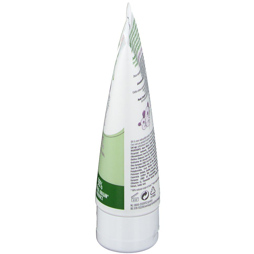 Tube blanc, éléments verts et violets. Inscription: 98% Natural Origin. Certification ICEA. Nom du produit non visible.