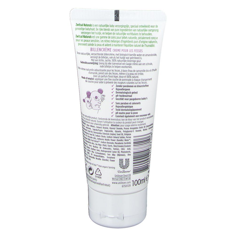 Tube blanc avec texte. Inscription: Zwitsal Naturals. 100ml. Logo. Texte en allemand, néerlandais, français. Nom du produit non visible.