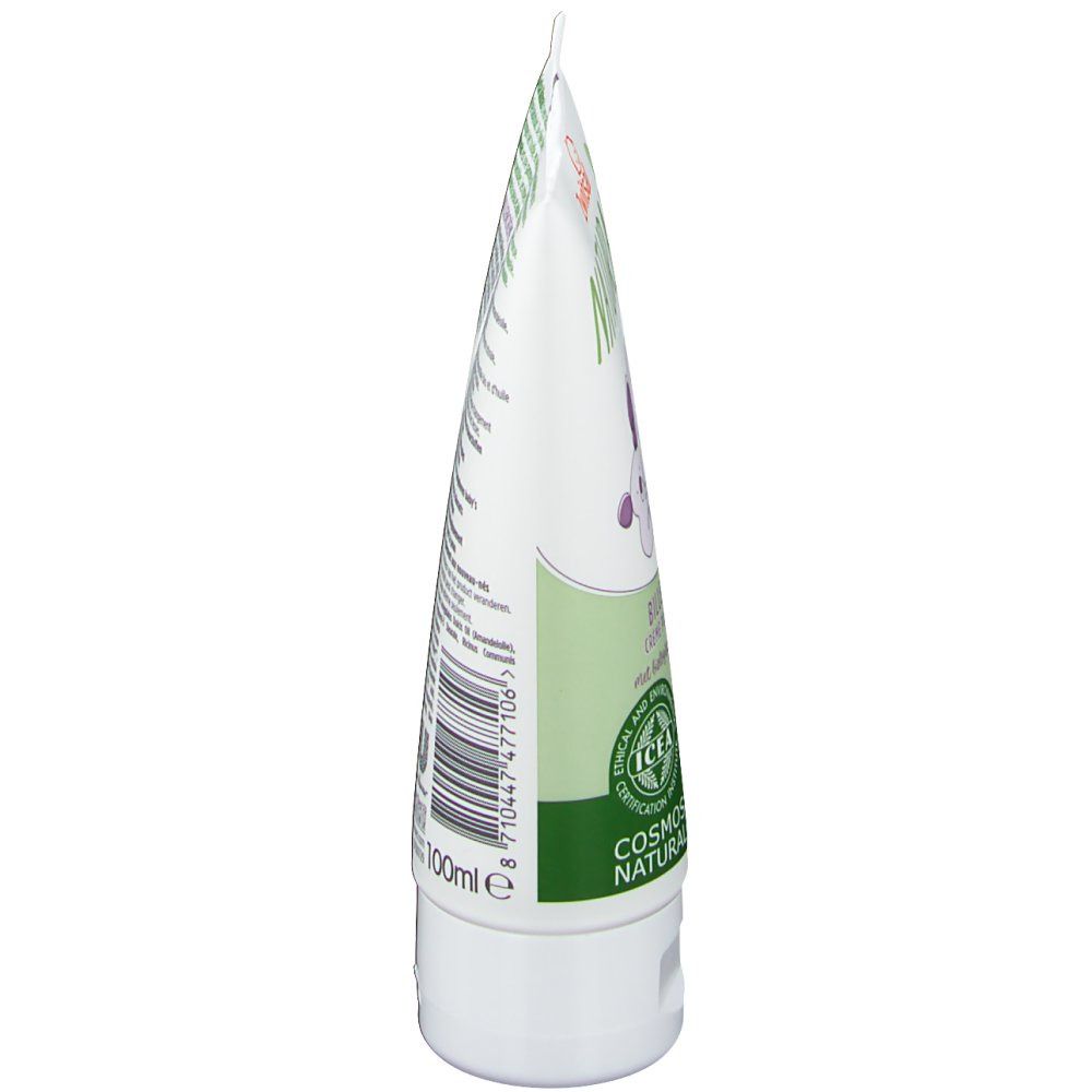 Tube blanc, éléments verts et violets. Inscription: 100ml. Certification ICEA. Nom du produit non visible.
