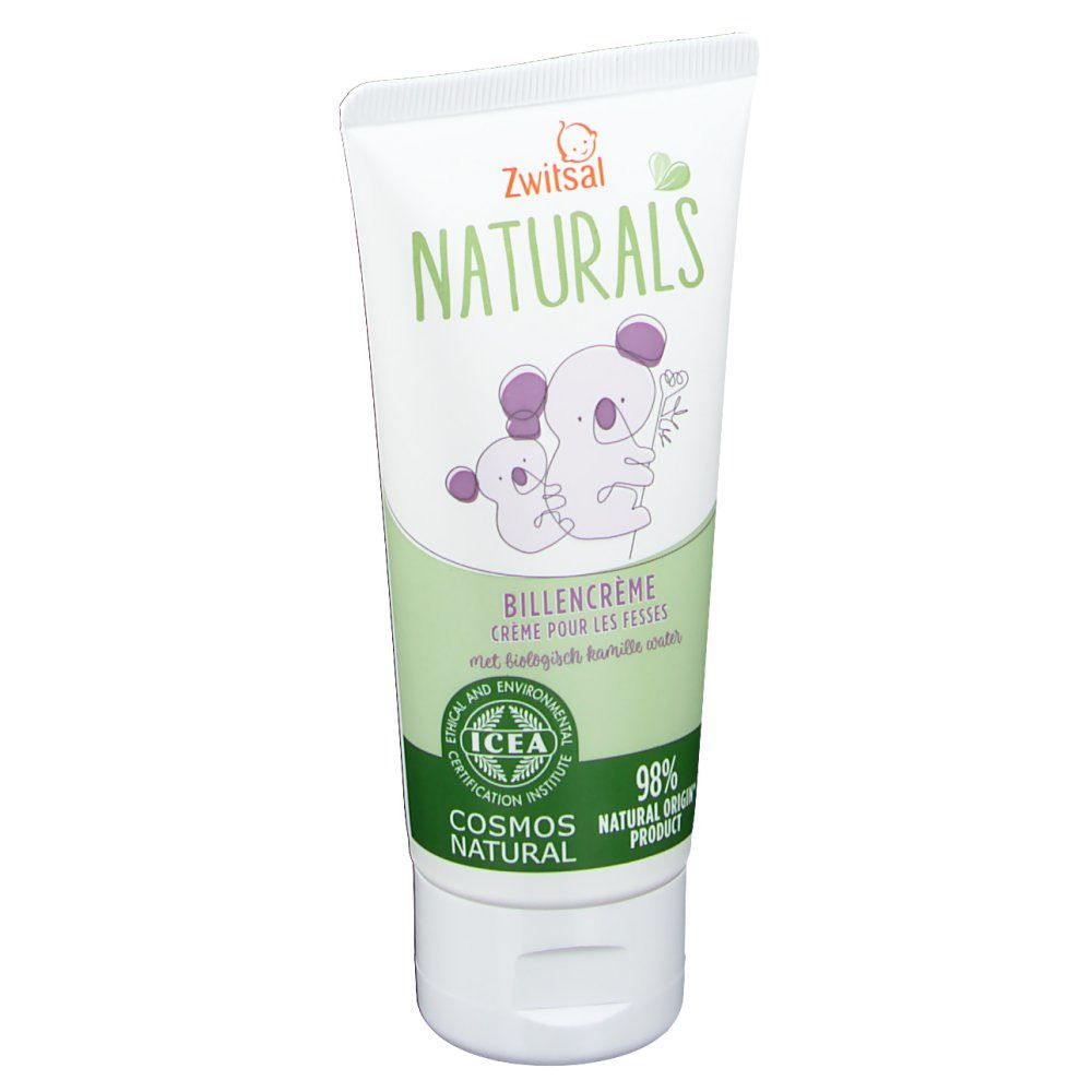 Tube blanc avec éléments verts et violets. Inscription: Zwitsal NATURALS, BILDENCREME. Certification ICEA. 98% Natural Origin.
