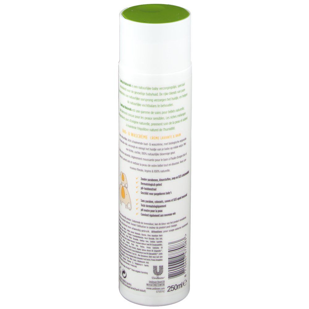 Flacon avec bouchon vert. Inscription et texte. Emballage vert et blanc. Indication 250ml. Code-barres.