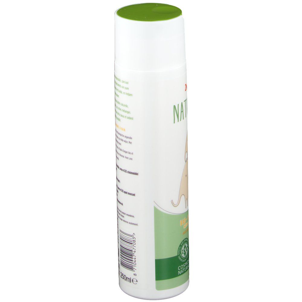 Flacon avec bouchon vert. Inscription: Zwitsal Naturals. Emballage vert et blanc. Certification COSMOS NATURAL.