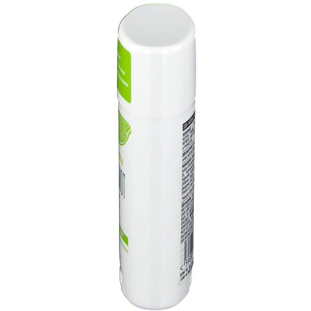 Déodorant blanc, vue latérale. Étiquette verte avec texte. Nom du produit : Bergamotte + Limette. Texte avec ingrédients et instructions.