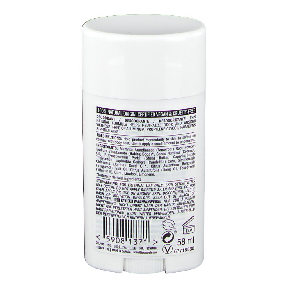 Dos du déodorant blanc. Texte : 100% origine naturelle, végétalien et sans cruauté. Ingrédients, instructions et avertissements.