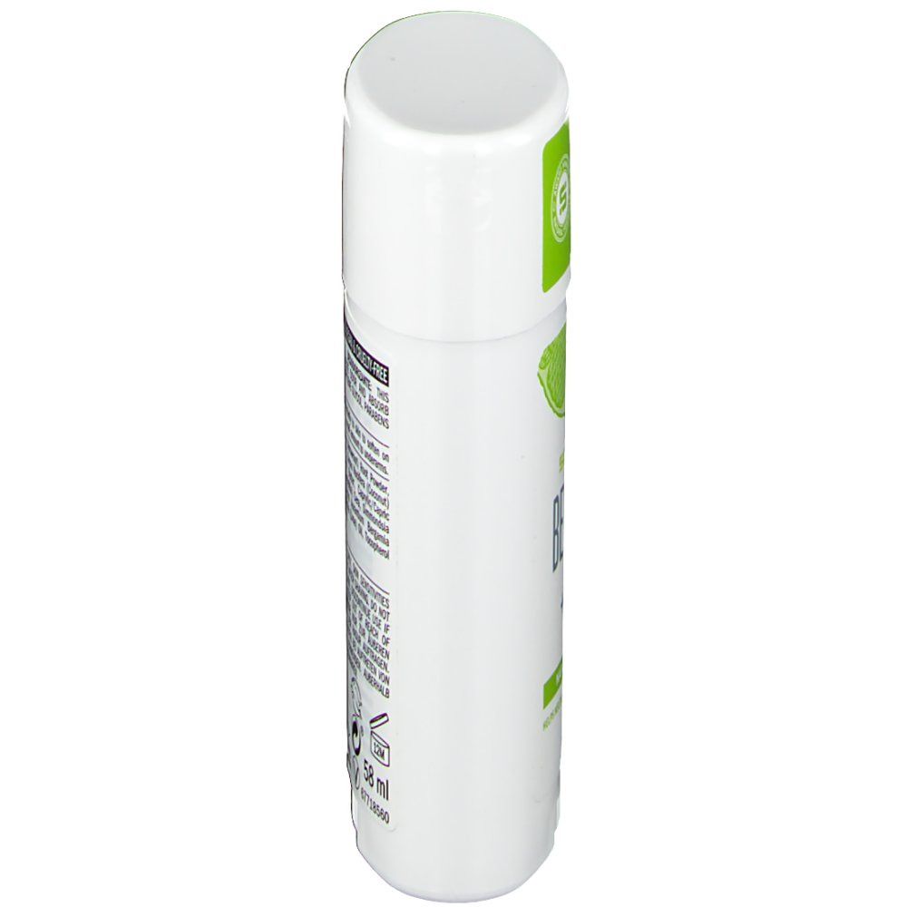 Déodorant blanc, vue latérale. Étiquette verte avec texte. Nom du produit : Bergamotte + Limette. Texte avec ingrédients et instructions.