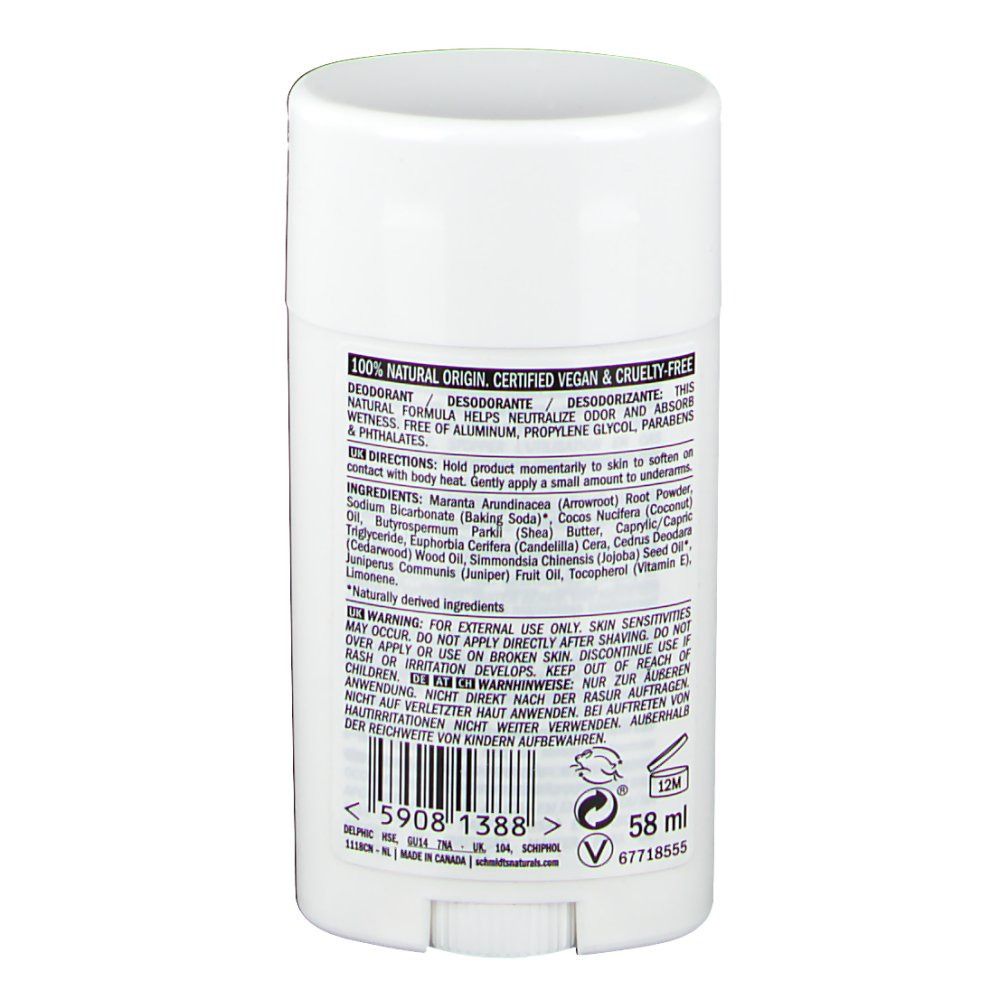 Dos d'un bâton de déodorant blanc. Texte avec ingrédients et certifications. En bas, 58 ml et un logo.