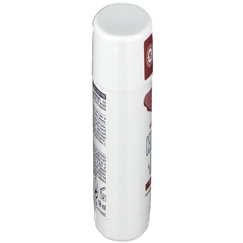Bâton de déodorant blanc avec texte rouge. Forme arrondie en haut et en bas. Texte et logo sur le côté. Vue perspective.