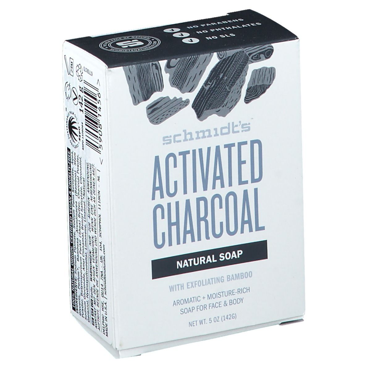 Verpakking 'Activated Charcoal Natural Soap'. Bevat 5 oz (142g). Met bamboe, voor gezicht & lichaam.