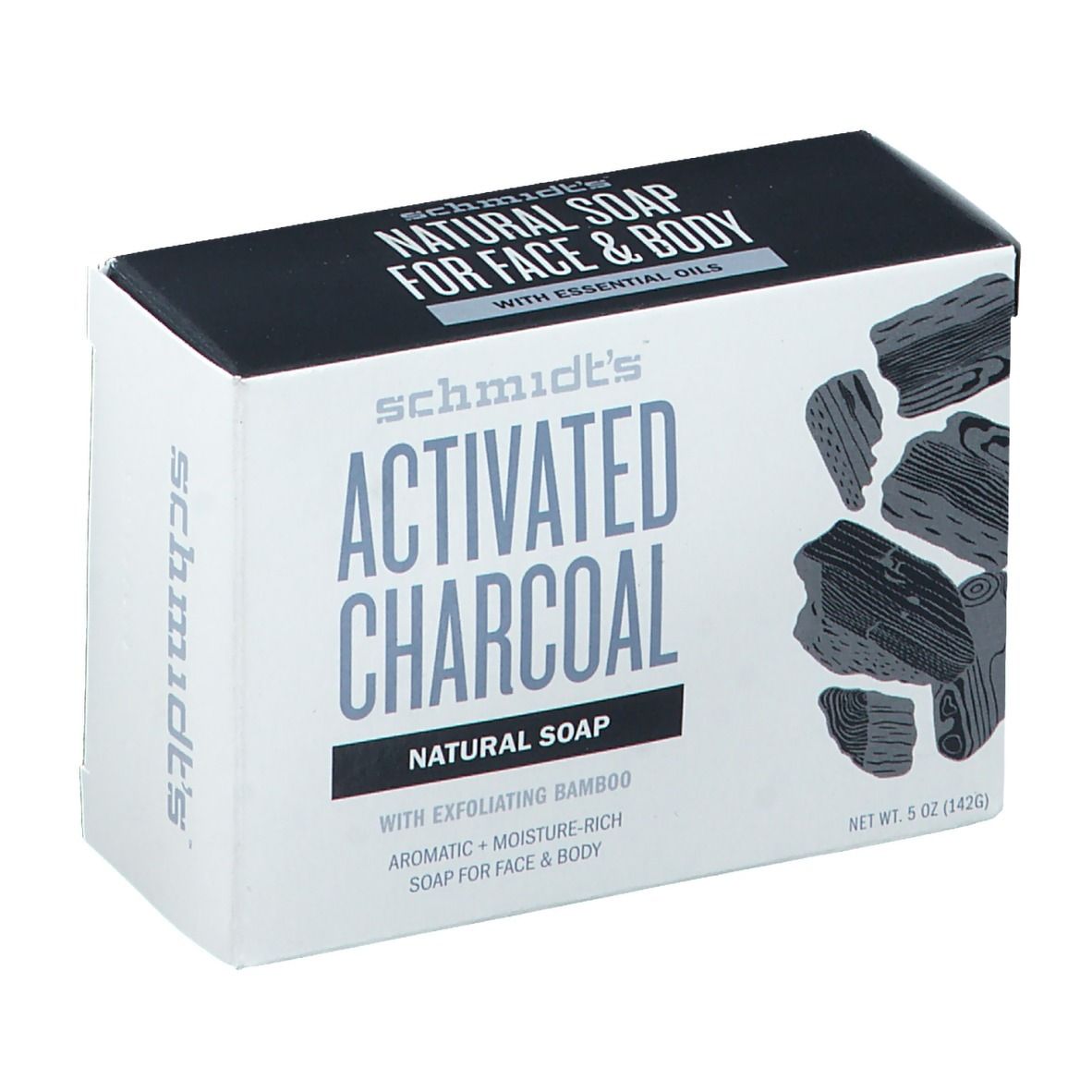 Verpakking 'Activated Charcoal Natural Soap'. Bevat 5 oz (142g). Met bamboe, voor gezicht & lichaam. Met essentiële oliën.