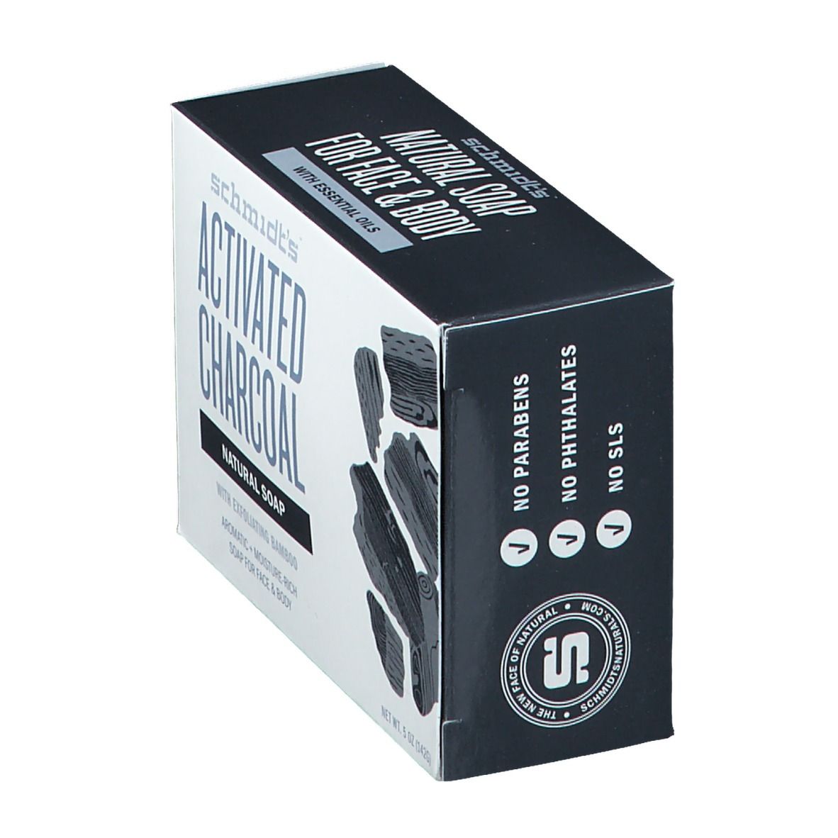 Verpakking 'Activated Charcoal Natural Soap'. Bevat 5 oz (142g). Zonder parabenen, ftalaten, SLS. Voor gezicht & lichaam.
