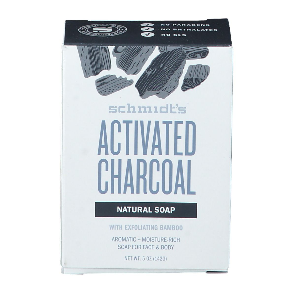 Verpakking 'Activated Charcoal Natural Soap'. Bevat 5 oz (142g). Zonder parabenen, ftalaten, SLS. Voor gezicht & lichaam.