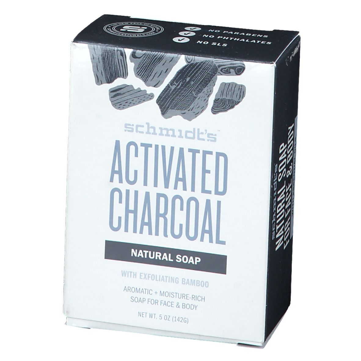 Verpakking 'Activated Charcoal Natural Soap'. Bevat 5 oz (142g). Zonder parabenen, ftalaten, SLS. Voor gezicht & lichaam.