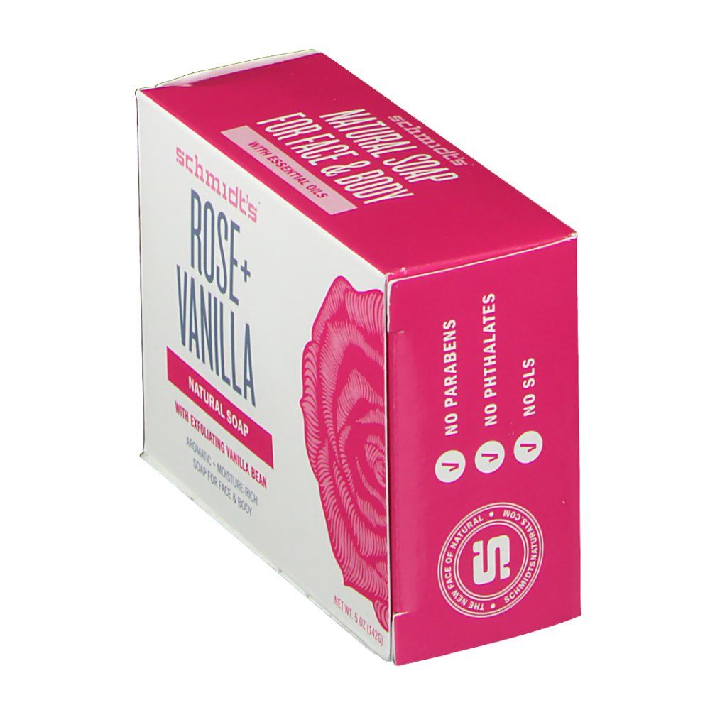 Doos met roze deksel. Opschrift: Schmidt's Rose + Vanilla Natural Soap. Geen parabenen, ftalaten of SLS. Rozenillustratie.