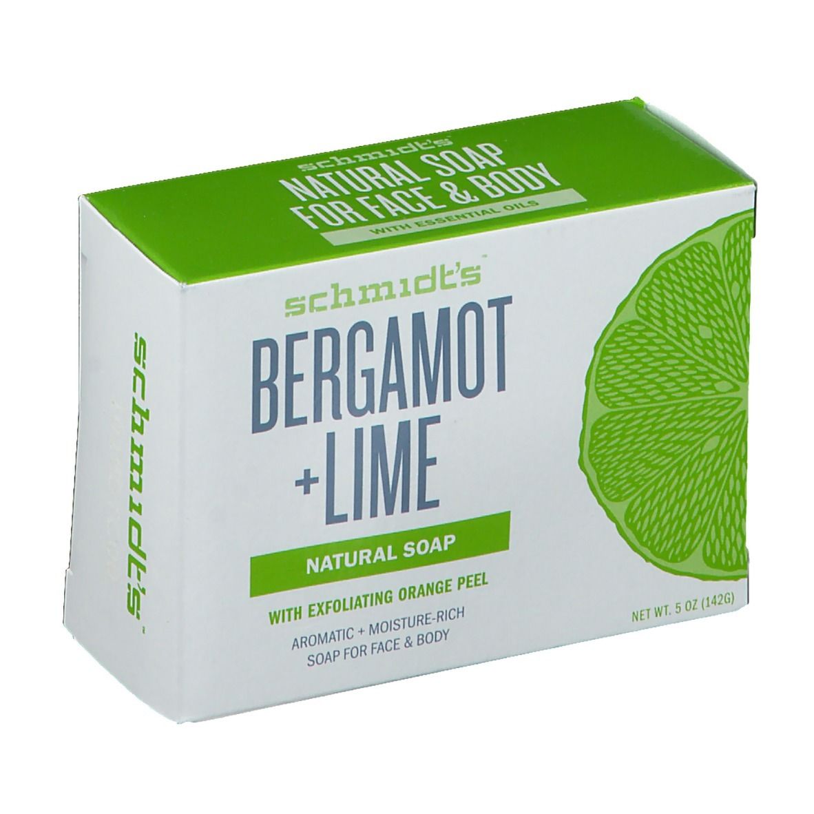 Verpakking van "Bergamot + Limoen" zeep. Groen-witte doos met productnaam, ingrediënten en limoenillustratie.