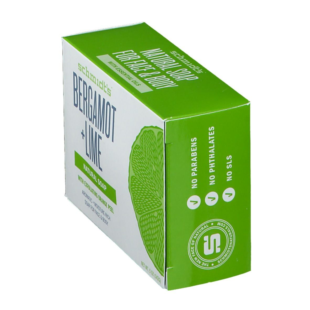 Verpakking van "Bergamot + Limoen" zeep. Groen-witte doos met productnaam, ingrediënten en certificeringen.