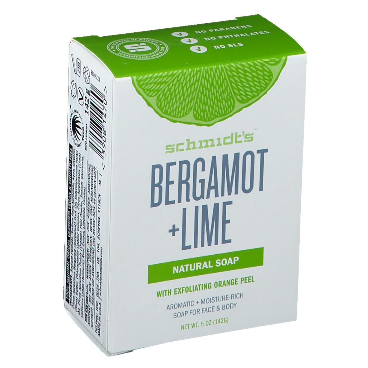 Verpakking van "Bergamot + Limoen" zeep. Groen-witte doos met productnaam, ingrediënten en illustraties.