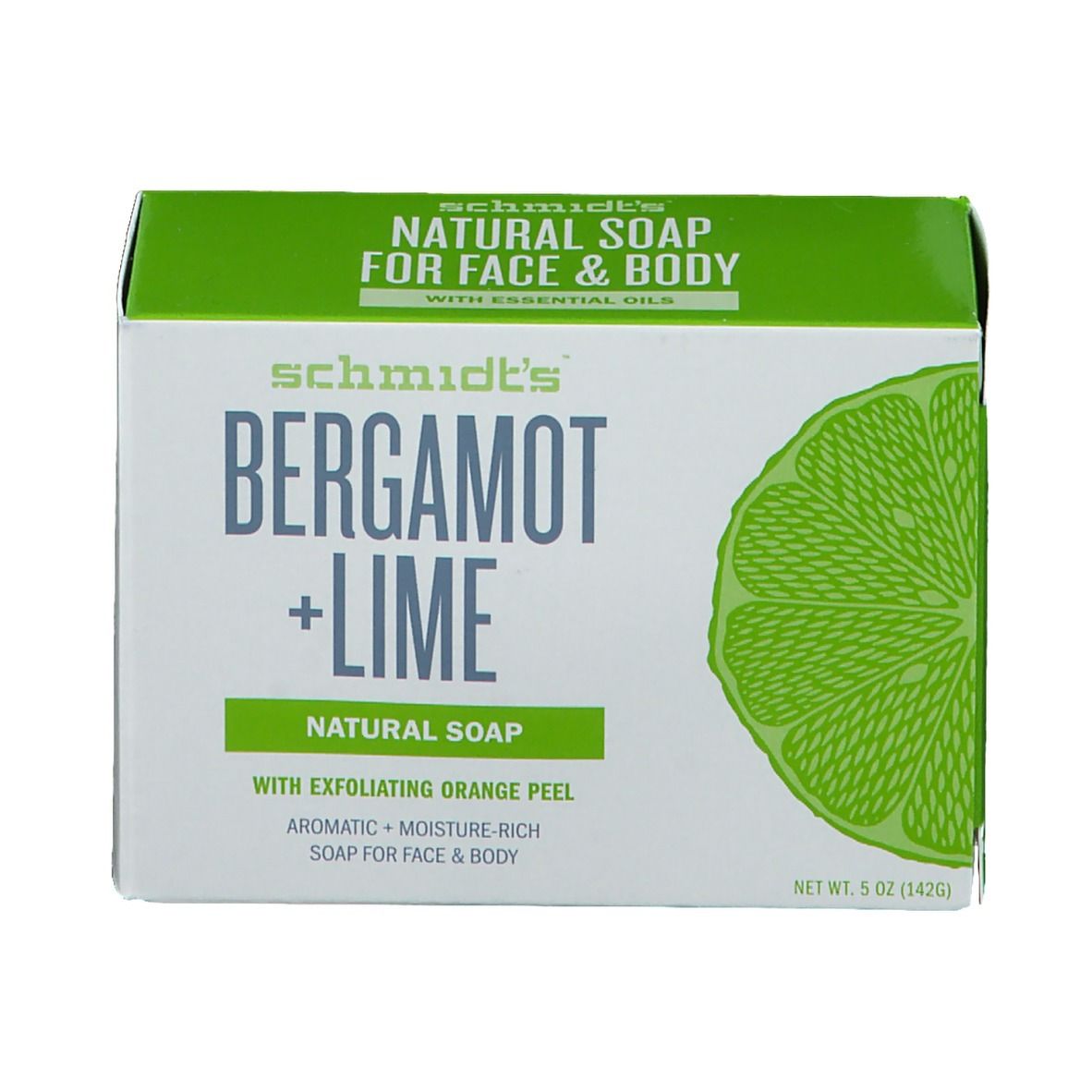 Verpakking van "Bergamot + Limoen" zeep. Groen-witte doos met productnaam, ingrediënten en limoenillustratie.
