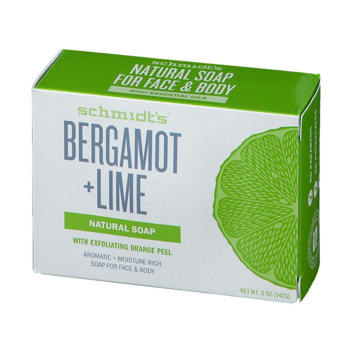 Verpakking van "Bergamot + Limoen" zeep. Groen-witte doos met productnaam, ingrediënten en limoenillustratie.