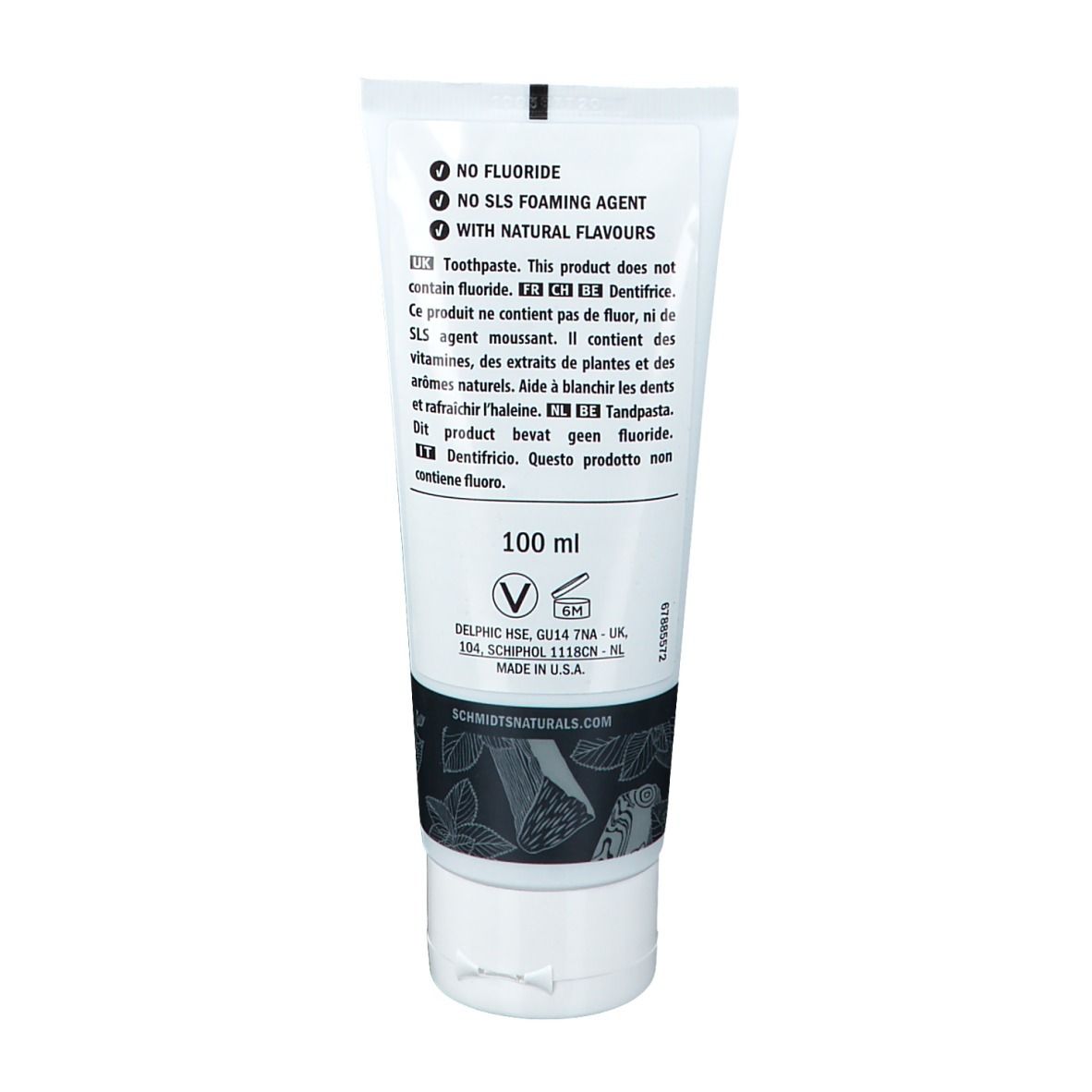 Achterkant van de tandpastatube. Bevat informatie over ingrediënten en certificeringen. 100 ml.