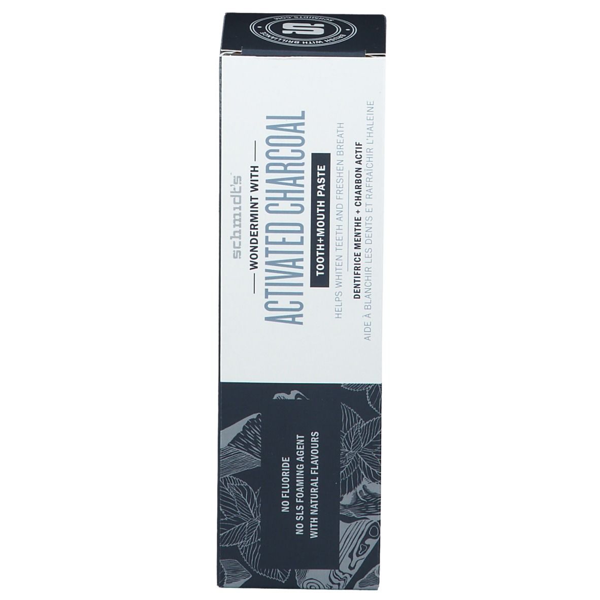 Verpakking van de tandpasta. Opschrift: Activated Charcoal, helpt tanden witter te maken en adem te verfrissen. Zonder fluoride.