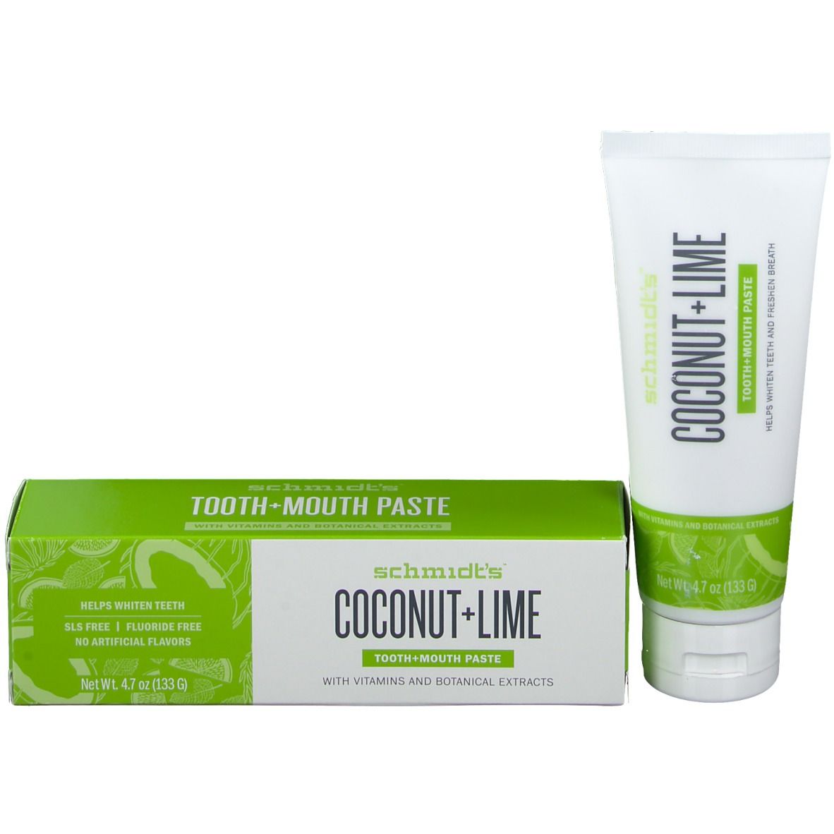 Tandpastatube en doos. Opschrift: COCONUT + LIME, TOOTH + MOUTH PASTE. Groene doos met productinfo. Bevat 4,7 oz (133 g).