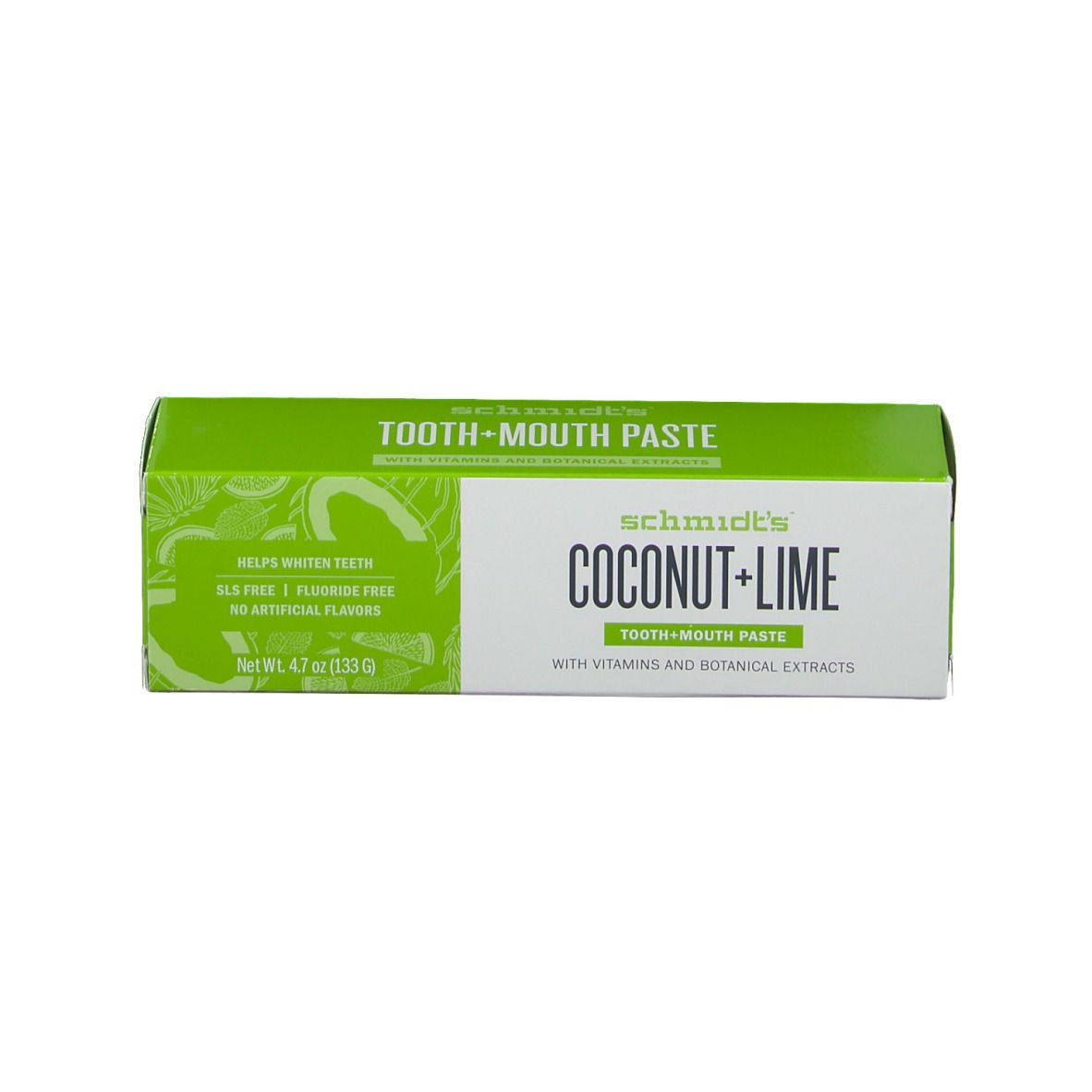 Groene doos met opschrift: COCONUT + LIME, TOOTH + MOUTH PASTE. Productinfo en illustraties. Bevat 4,7 oz (133 g).