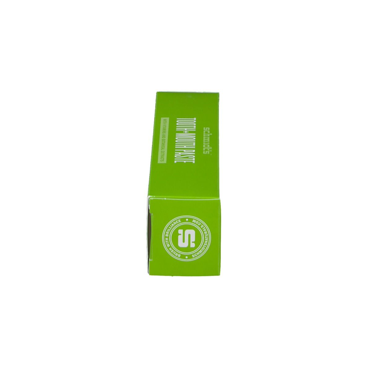 Groene doos, zijaanzicht. Opschrift: TOOTH + MOUTH PASTE. Logo. Bevat productinfo.