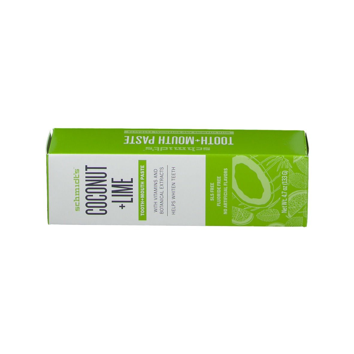 Groene doos met opschrift: COCONUT + LIME, TOOTH + MOUTH PASTE. Productinfo en illustraties. Bevat 4,7 oz (133 g).