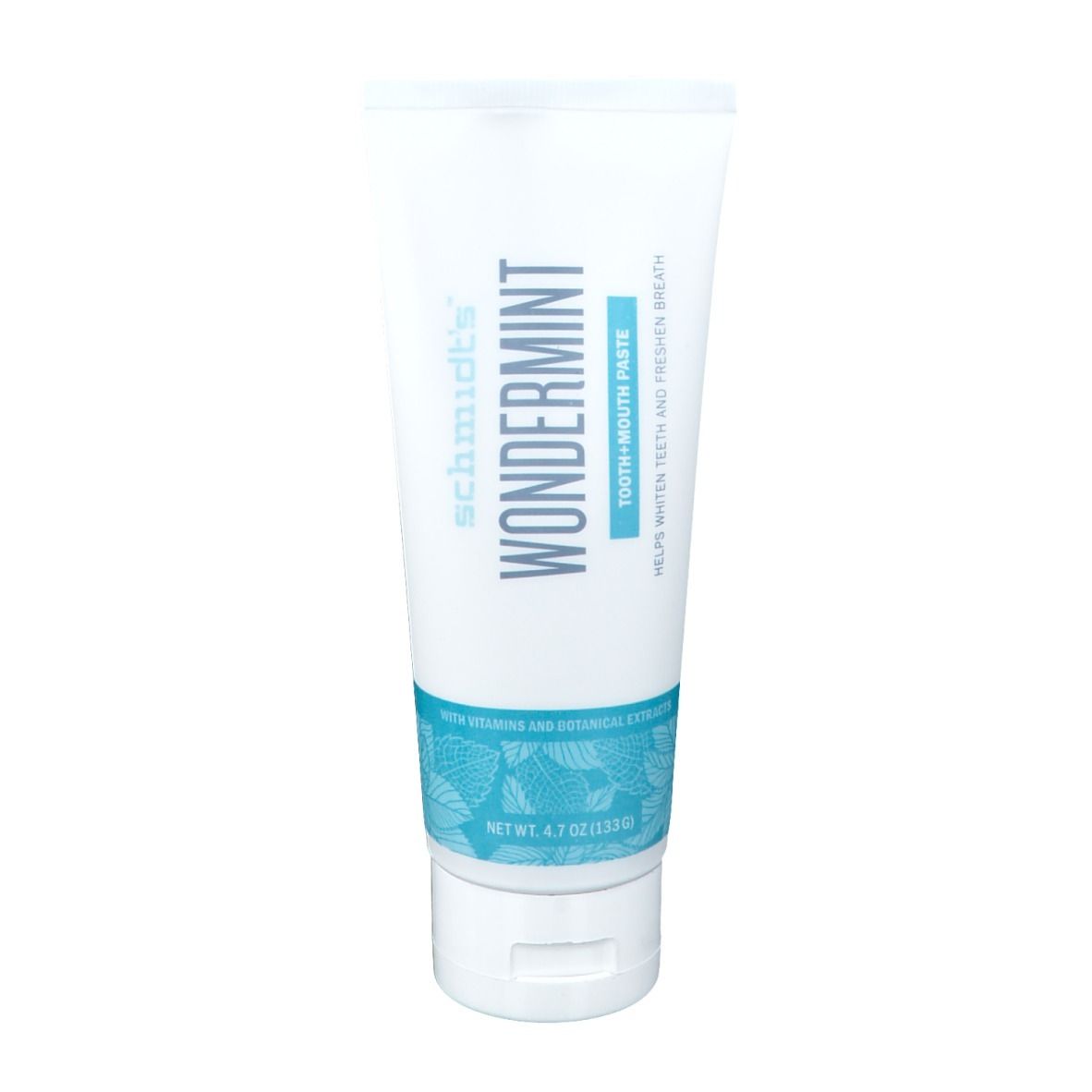 Wit-blauwe tandpastatube met productnaam en details. Bevat botanische extracten.