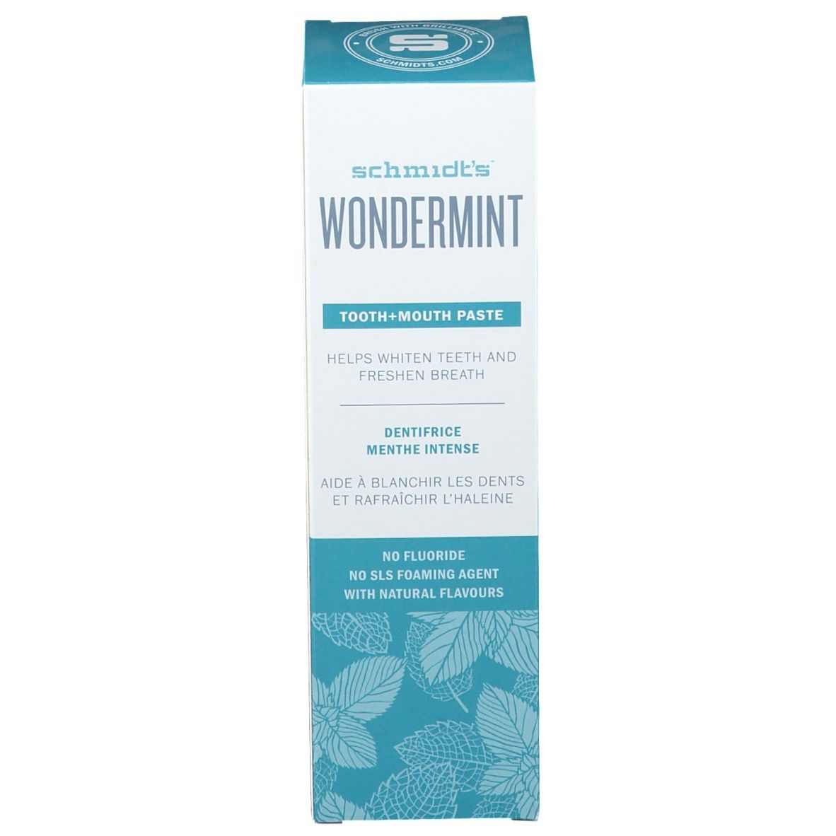 Tandpastaverpakking, wit en turquoise. Productnaam en details duidelijk zichtbaar. Zonder fluoride.