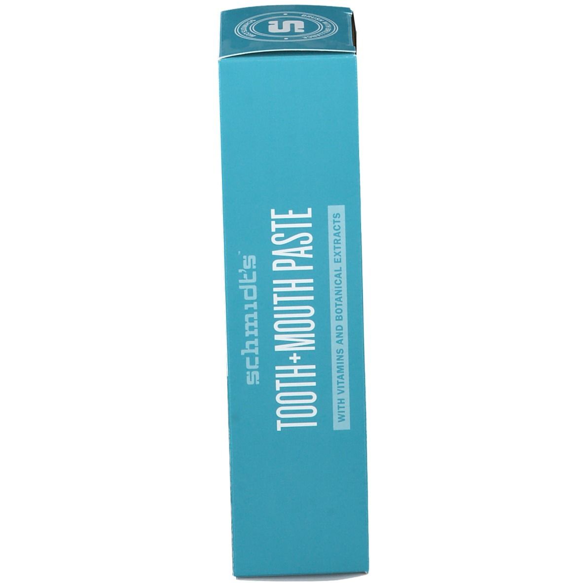 Turquoise zijkant van de tandpastaverpakking. Productnaam en details zichtbaar.