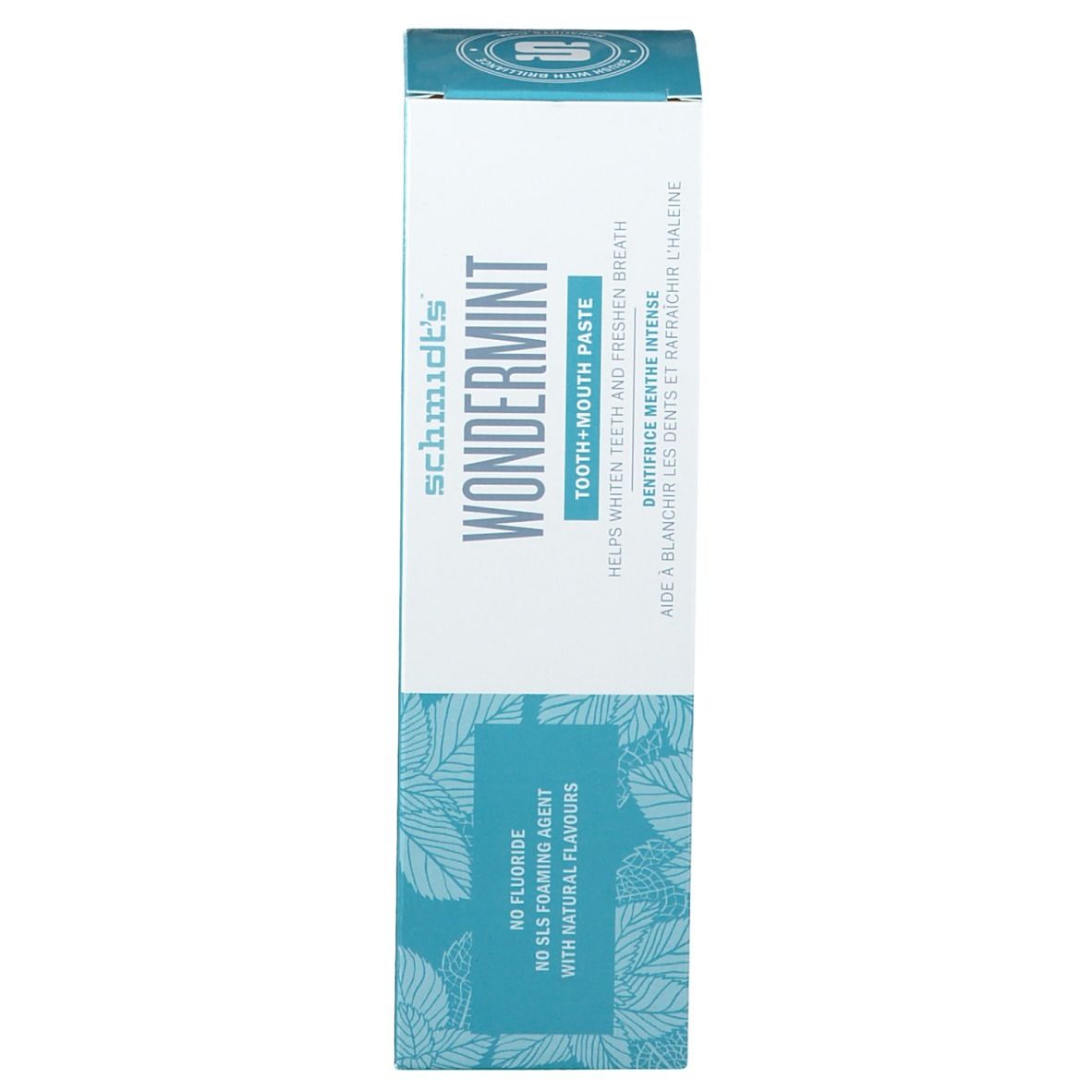 Tandpastaverpakking, wit en turquoise. Productnaam en details duidelijk zichtbaar. Zonder fluoride.