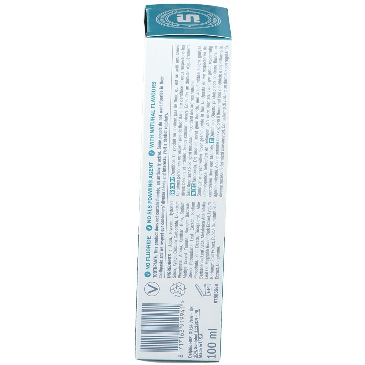 Achterkant van de tandpastaverpakking. Bevat informatie over ingrediënten en certificeringen. 100 ml.