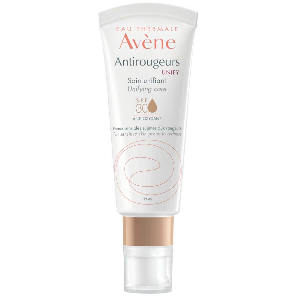 Tube de crème "Avène Antirougeurs Unify". SPF 30. Teinté. Tube blanc, bouchon marron.
