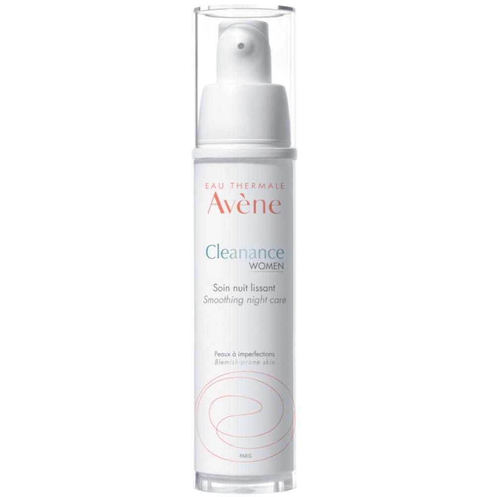 Flacon blanc avec pompe. Inscription: Eau Thermale Avène, Cleanance, Smoothing night care. Pour peaux à imperfections.