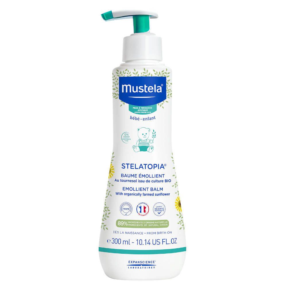 Baume émollient Mustela Stelatopia pour bébé. Flacon pompe blanc, étiquette avec texte et illustrations. 300 ml.