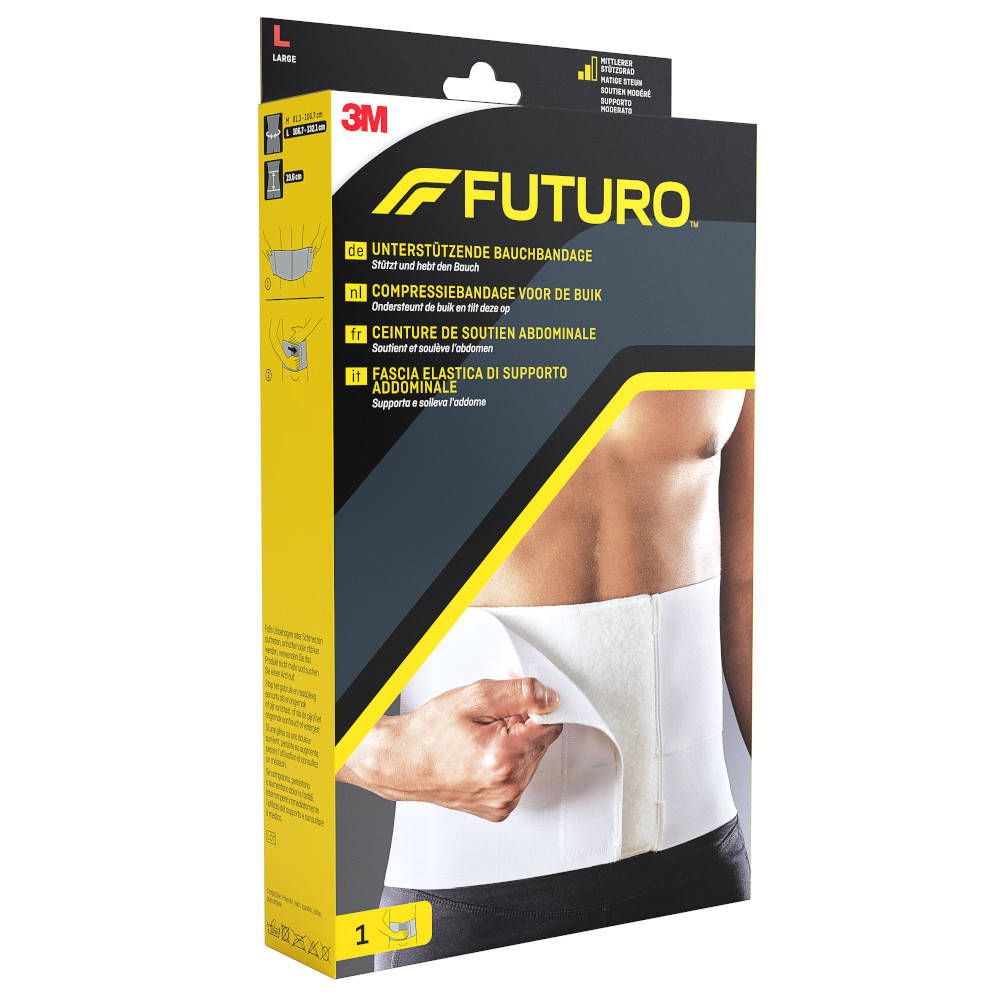 3M FUTURO Bauchstützgürtel, weiß, in Verpackung. Aufdruck: FUTURO, Unterstuetzende Bauchbandage, Groesse L.