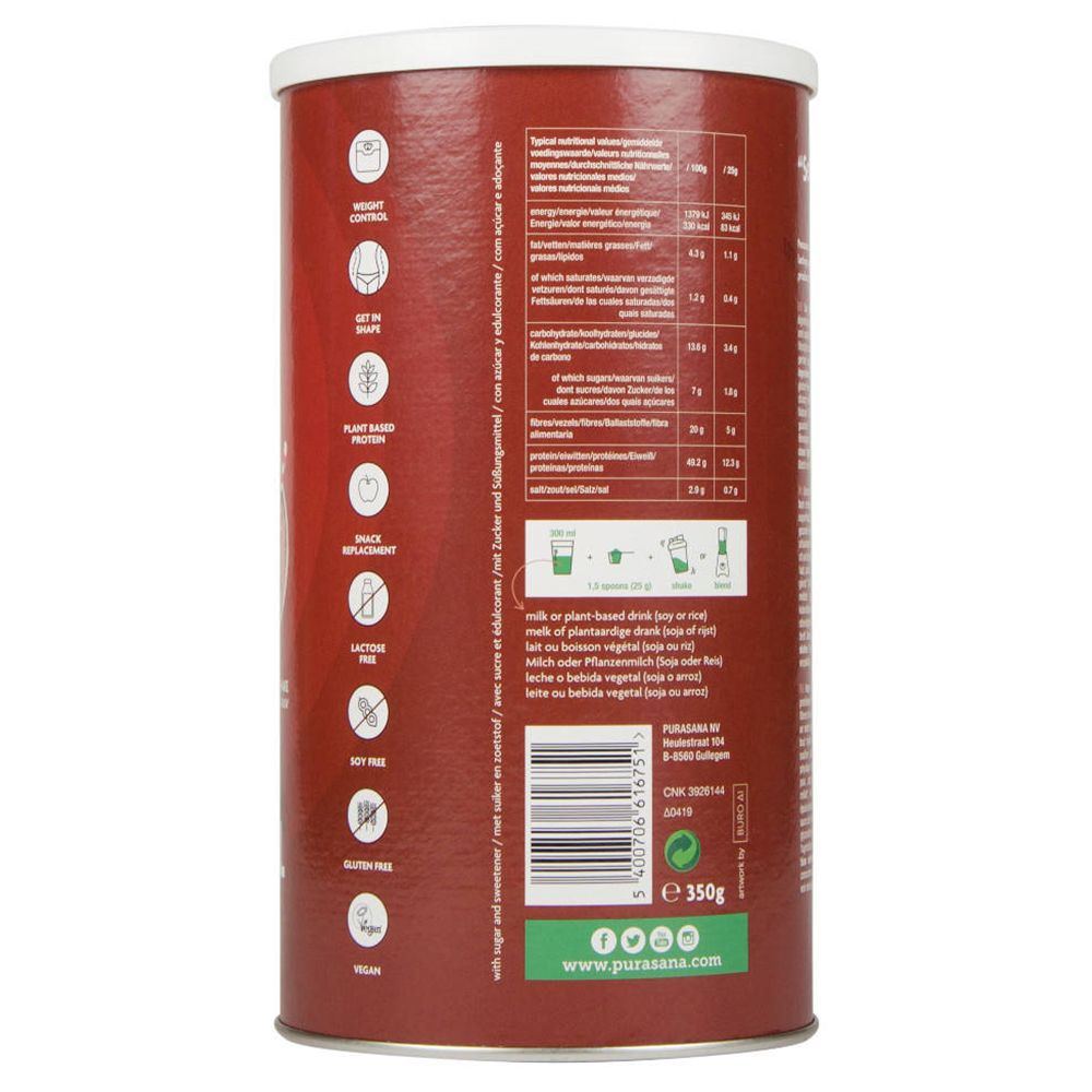 Dos de la boîte. Texte multilingue. Inscription : Weight control, Get in shape, Plant based protein, Snack replacement.
