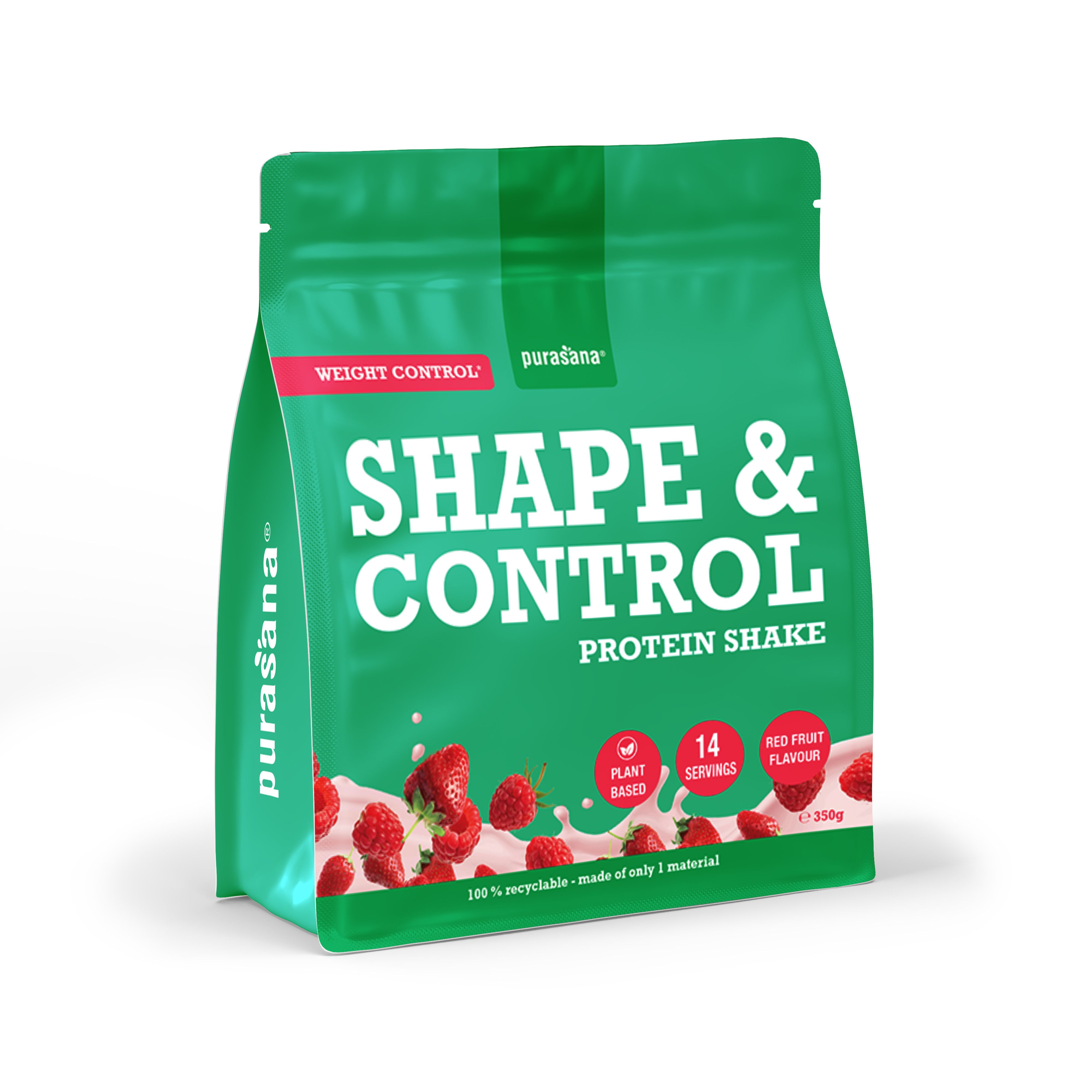 Grüner Beutel mit Schoko-Proteinpulver, Marke Purasana, Sorte Shape & Control, mit Kakao-Abbildung.
