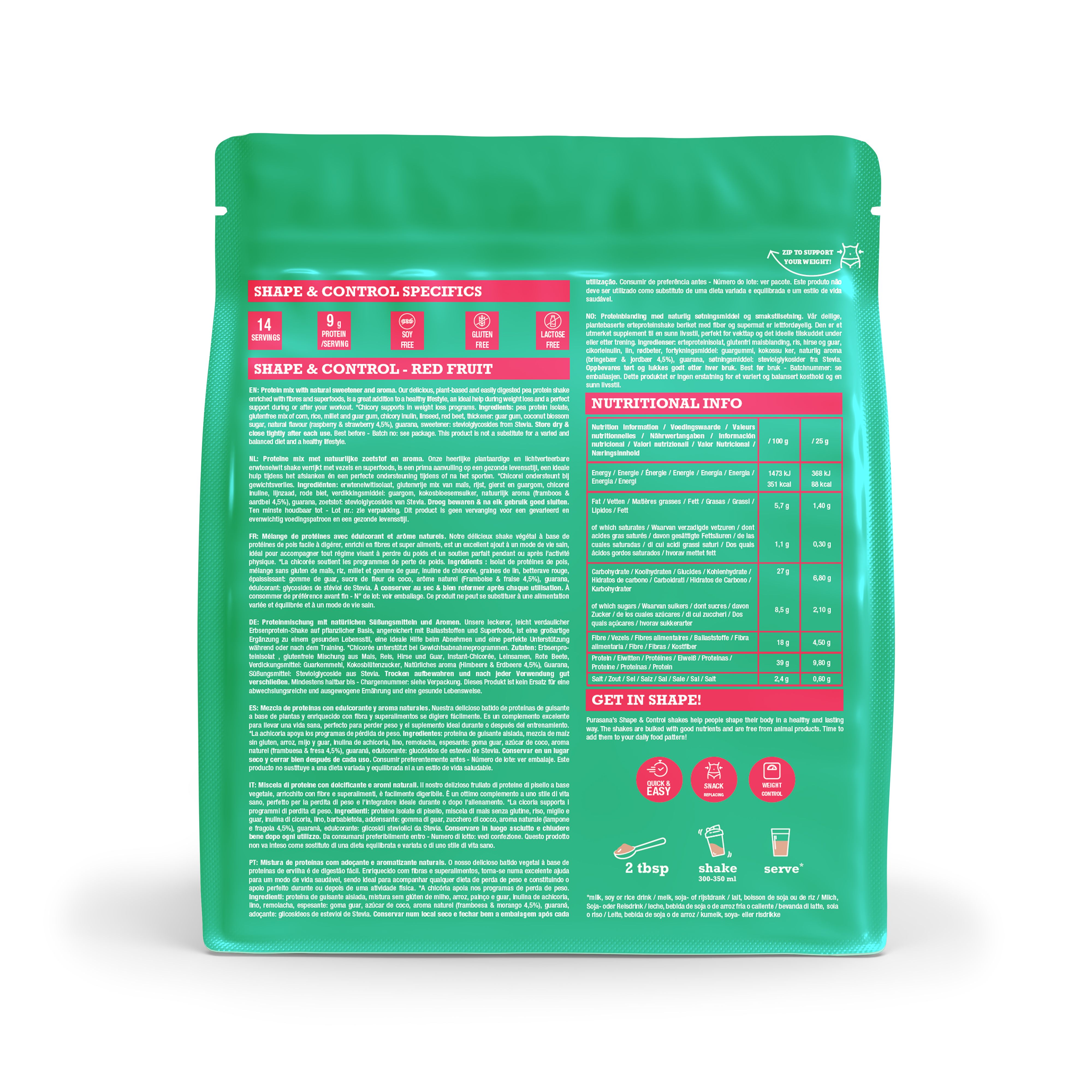 Rückseite einer grünen Standbodenbeutelverpackung für Shape & Control Protein Shake mit Nährwertangaben und Zubereitungshinweisen.