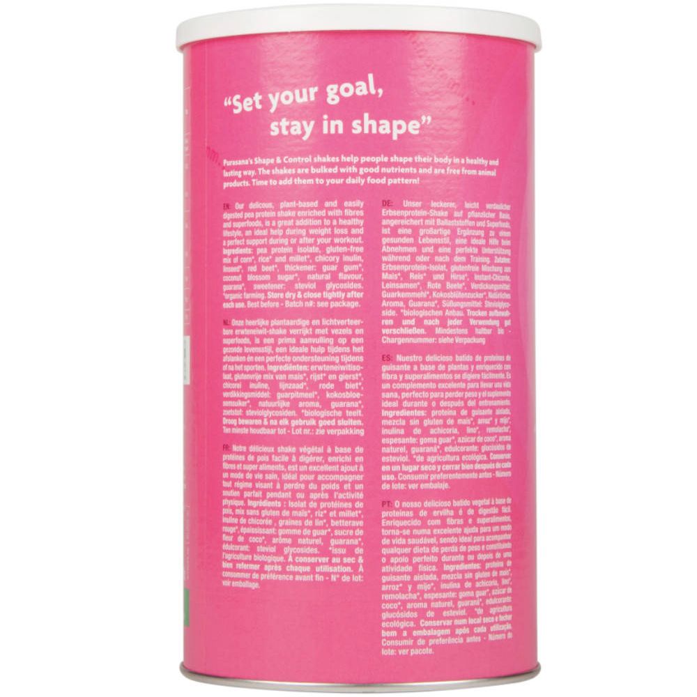 Boîte rose avec texte. Inscription : Set your goal, stay in shape. Texte en allemand, anglais, français, italien, néerlandais.