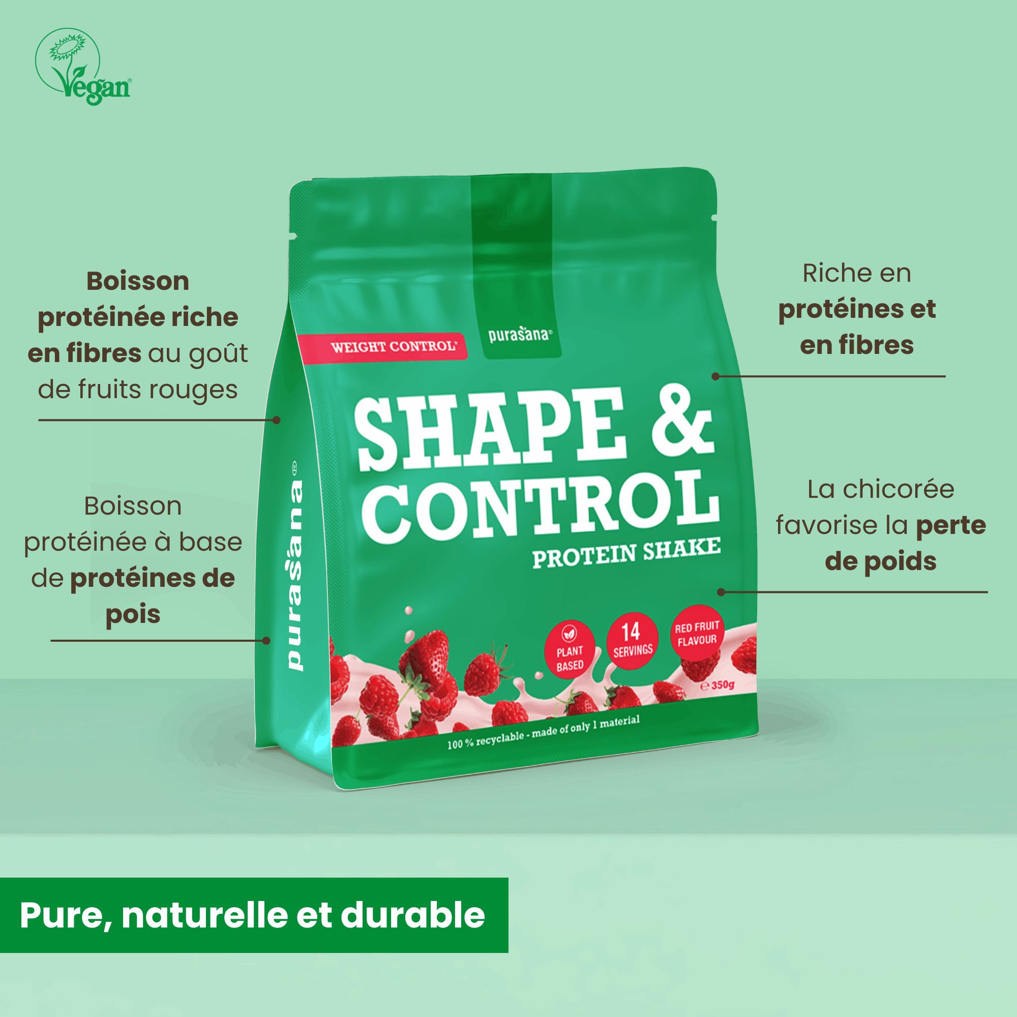 Grüner Beutel Shape & Control Protein Shake mit Erdbeeren und Himbeeren, vegan und reich an Proteinen und Ballaststoffen.