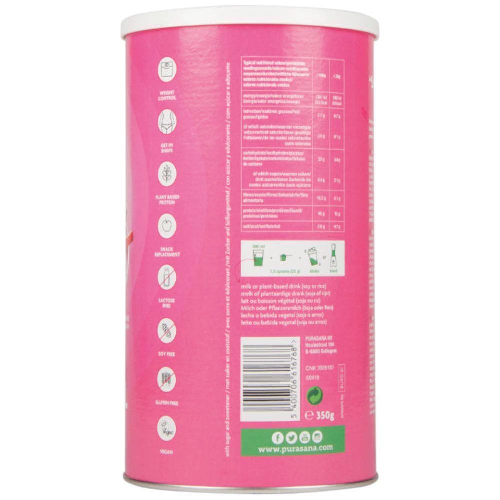 Boîte rose avec couvercle blanc. Inscriptions : informations nutritionnelles, préparation du shake, logos. Texte en plusieurs langues.