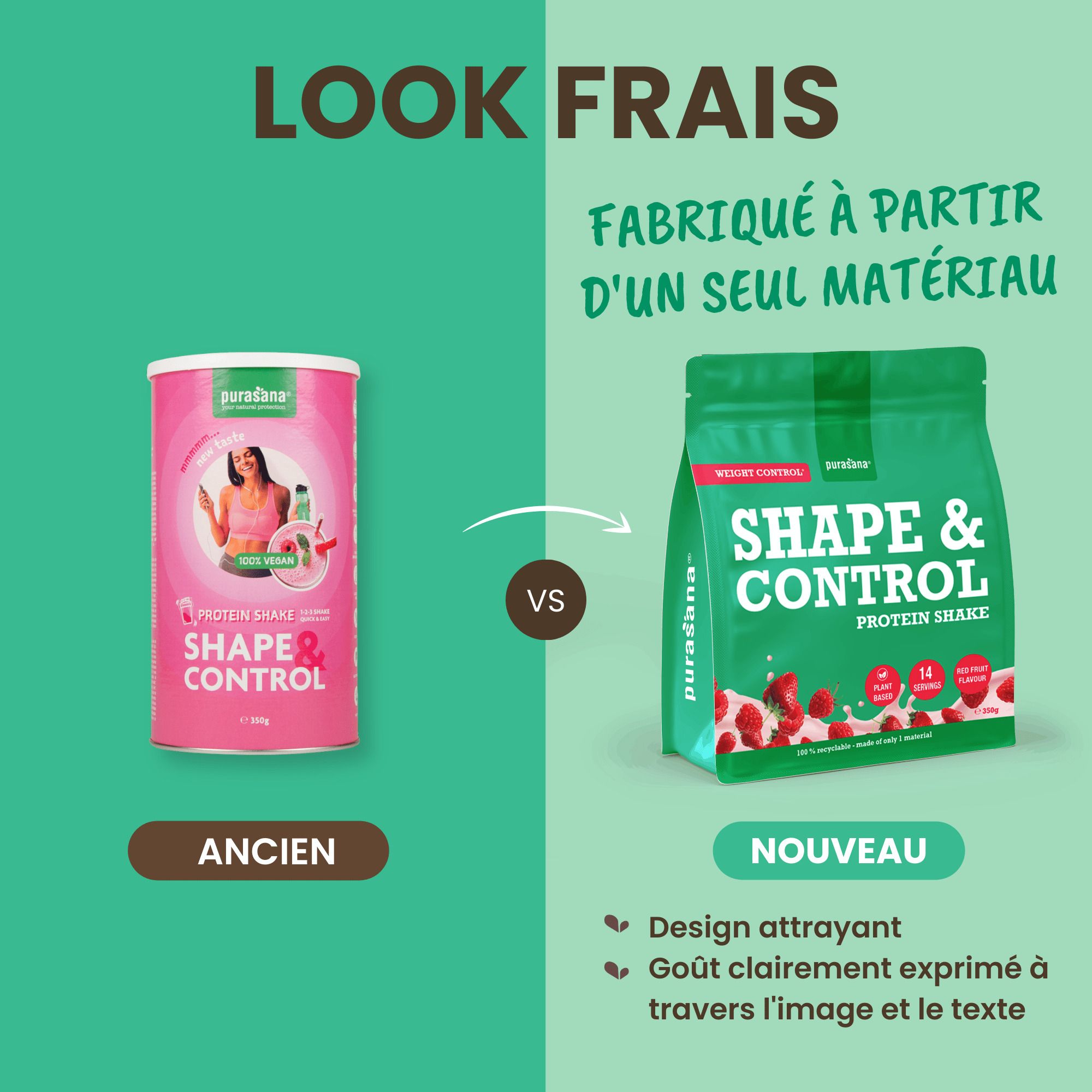Vergleich von altem und neuem Design für Shape & Control Protein Shake, wobei das neue Design als frischer und aus einem Material beschrieben wird.