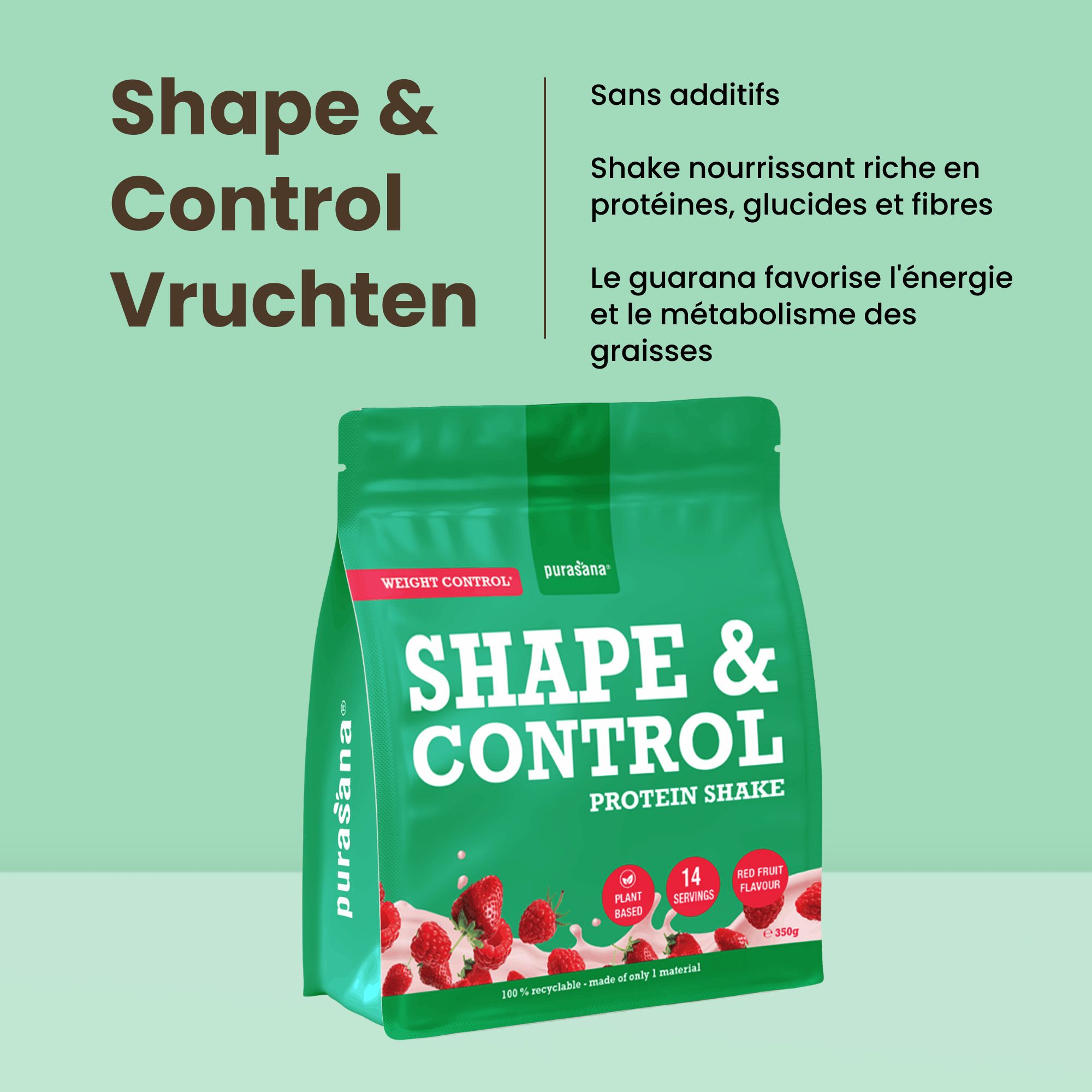 Grüner Beutel Shape & Control Protein Shake mit Erdbeeren, vegan, reich an Proteinen, Kohlenhydraten und Ballaststoffen.