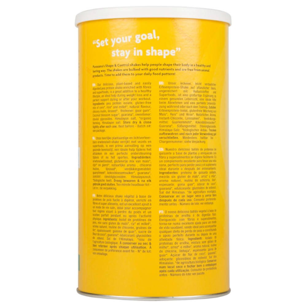 Boîte jaune avec texte. Dos avec informations nutritionnelles et tableau. Couvercle blanc. Texte en plusieurs langues.
