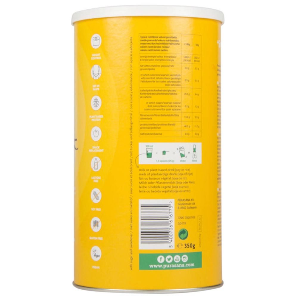 Boîte jaune avec texte et tableau nutritionnel. Instructions de préparation. Couvercle blanc. Code-barres et logo.