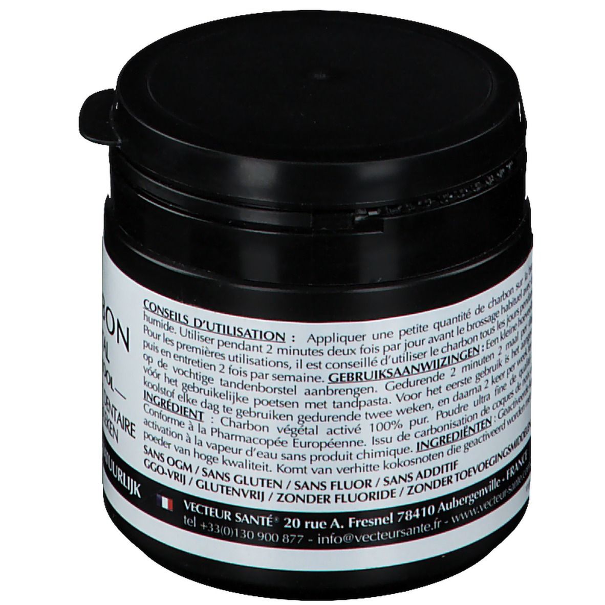 Pot noir avec couvercle. Inscription: CONSEILS D'UTILISATION. Ingrédients: Charbon végétal activé 100%. Adresse: Vecteur Santé, Aubergenville, France.