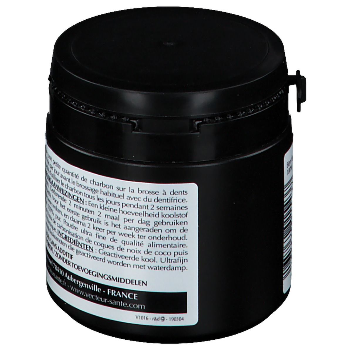 Pot noir avec couvercle. Inscription: CONSEILS D'UTILISATION. Adresse: Vecteur Santé, Aubergenville, France. V1016-a&d-190304.